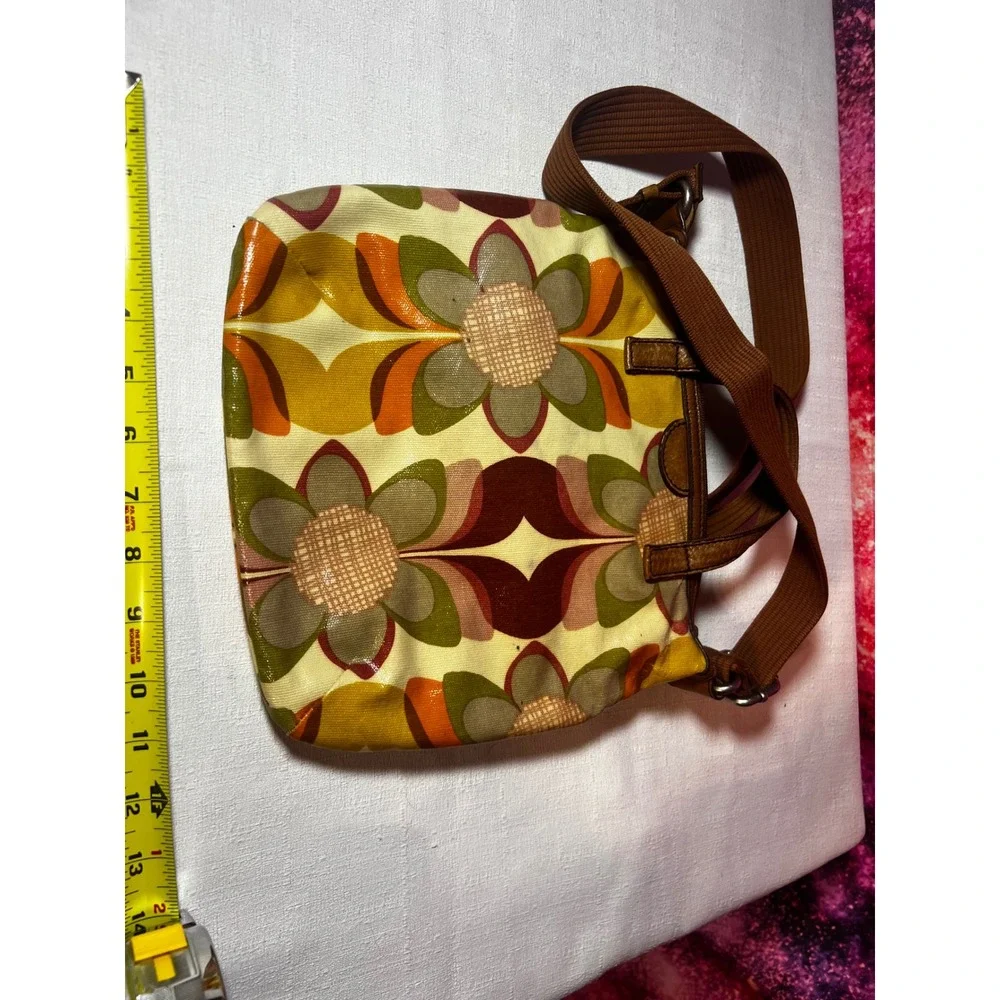 Fossil Key-Per Floral Coated Canvas Crossbody Bag Retro 70s Style Brown Multi